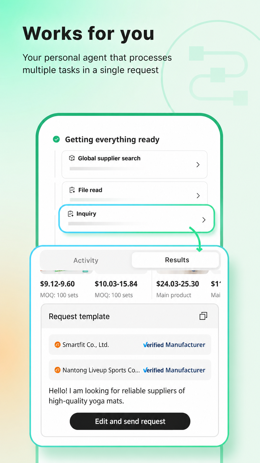 Accio AI agent searches suppliers and prepares an inquiry
